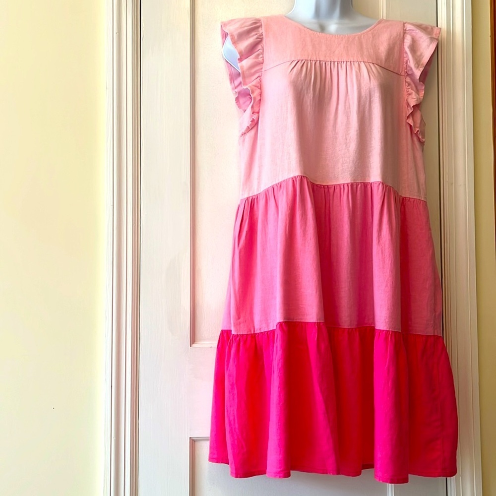 J. Crew Linen Dress Pink Tiered Ruffle Sleeveless Womens 4 Pockets Flowy Cottage - Picture 15 of 17
